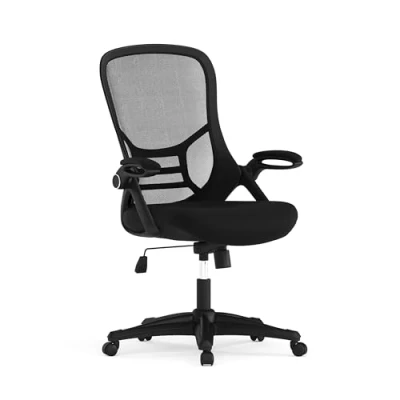 Abbildung von Flash Furniture Ergonomischer Drehstuhl mit hoher Rückenlehne, schwarzes Netzgewebe, schwarzem Rahmen und aufklappbaren Armen