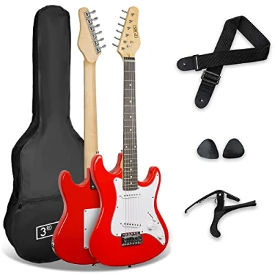 Abbildung von 3rd Avenue XF 3/4 Größe Kids Junior E Gitarre Starter Einsteigerpaket Mit Tasche, Gurt, Plektren Und Kapodaster Rot