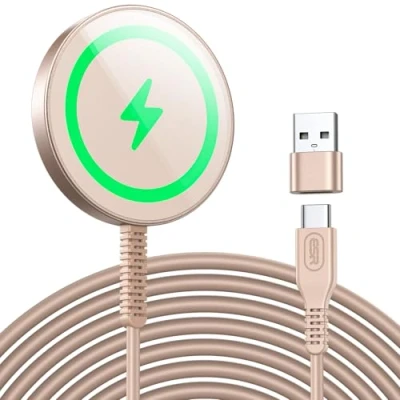 Abbildung von ESR HaloLock Mini kabelloses Ladegerät, kompatibel mit MagSafe für iPhone 16/15/14/13 Serie, Airpods 4, verstärktes Nylonkabel, starker Magnetverschluss, Wüste Titan