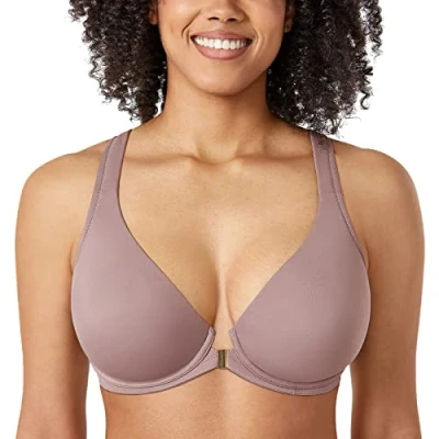 Abbildung von DELIMIRA Damen Vorderverschluss Racerback BH Grosse Grössen Bügel BHS Tiefer Ausschnitt Ungefüttert Vollschalen Mochaccino 80G
