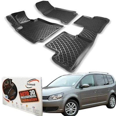 Abbildung von Trimak Passgenau 3D Fussmatten Auto Kompatibel mit Volkswagen Touran 1 Gen 2003 2015 Zubehör 1. und 2. Reihe Gummimatten Autos TPE Allwetter Geruchlos rutschfest Vorne Hinten Schwartz