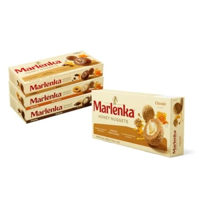 Abbildung von Marlenka Honigkugeln 3 + 1 Pack Mix Delicious Honey Nuggets Gebäckkugeln mit Honig 4 x 10 Bälle 235g Süßigkeiten Großpackungen Süssigkeiten schmecken ähnlich wie Kuchen
