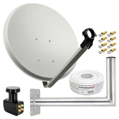 Abbildung von Premium X Satelliten Komplettanlage 80cm Satellitenschüssel Aluminium Quad LNB Kabel 50m Wandhalter 45cm, SAT bis 4 Teilnehmer
