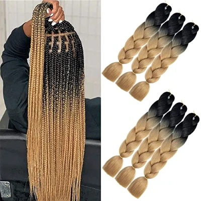 Abbildung von Braids extensions braun 6 Stück ombre braiding hair 24&quot; Synthetische Flechthaar For Crochet kunsthaar zum einflechten (Black Brown)