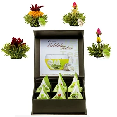 Abbildung von Creano 6 Teeblumen Geschenkbox grüner Tee in edler Magnetbox mit Silberprägung 4 verschiedene Sorten