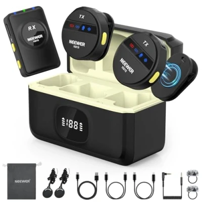 Abbildung von NEEWER KM18 Drahtloses Mikrofon mit USB C Ladekoffer OTG 48KHz 24Bit 20H Akku 3,5mm TRS 150m Reichweite Rauschunterdrückung Mini Ansteckmikrofon Lavalier Mik Kompatibel iPhone Android PC Kamera