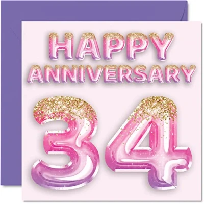 Abbildung von Stuff4 Hübsche Karte zum 34. Jahrestag für Ehefrau, Freundin, Ehemann, Freund, rosa lila Glitzer Luftballons Happy 34 Jahrestagskarten aus der Familie, 145 mm x Grußkarten Jubiläen
