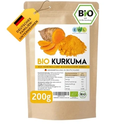 Abbildung von EWL Naturprodukte Kurkuma Pulver BIO, 200g Bio fein gemahlen, Curcuma aus kontrolliert biologischem Anbau