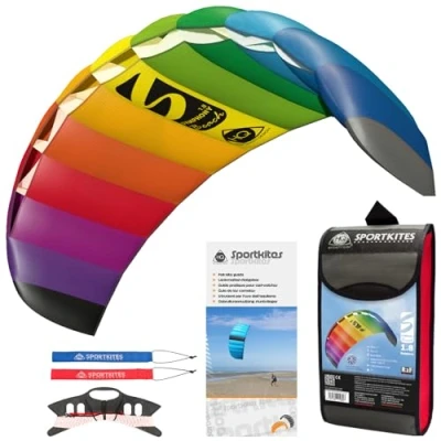 Abbildung von HQ Lenkmatte Lenkdrachen Symphony Beach III 1.8 Rainbow, Zweileiner Matte Drachen für Kinder und Erwachsene, 60x180cm, inkl. 80kp Blendline Schnüre, 2x25m auf Winder mit Schlaufen, ab 12 Jahre