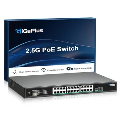 Abbildung von 26 Port 2.5Gb Nicht verwalteter PoE Switch mit 24*2.5 G Base T Ports, 2*10 SFP+ Uplink, 802.3af/at (PoE+), 160Gbit/s Schaltkapazität, GigaPlus 2.5 für 2.5G NAS/PC, WiFi6 Router