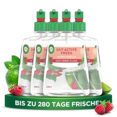 Abbildung von Air Wick Active Fresh Aeorosolfreier, automatischer Lufterfrischer Raumduft Juicy Berry &amp; Lime 4 x 228 ml Nachfüller