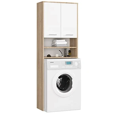 Abbildung von Home Collective Waschmaschinenumbauschrank 64x30x180cm, Badezimmer Hochschrank, mit 2 Türen und 4 Regalen Badschrank Badregal Flur sonoma weiß