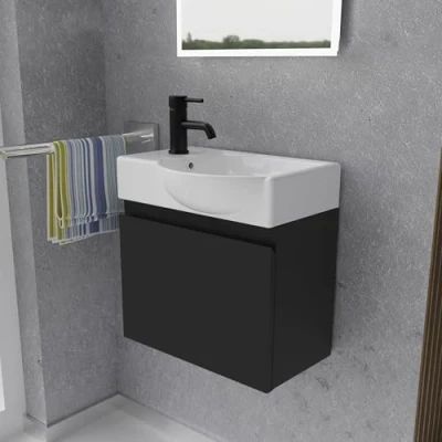 Abbildung von Alpenberger Badmöbel Set Gäste WC Waschbecken mit Unterschrank 45 cm Breit, (Badschrank 2 tlg., Waschtisch hängend), Waschbeckenunterschrank Softclose Schwarz Rechts Becken
