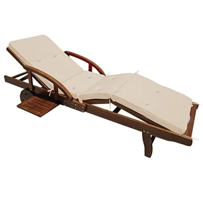 Abbildung von Casaria® Sonnenliege Holz Klappbar inkl. Auflage 160kg Belastbar Fuß und Rückenteil variierbar Räder Ablage Garten Balkon Liege 200cm Beige Akazie