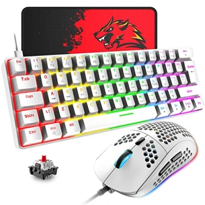 Abbildung von T60 Mini 60% Mechanische Tastatur Maus Sets, Kompakt 62 Tasten, Typ C Wired, 19 Hintergrundbeleuchtung Gaming + 6400 DPI RGB Mauspad, UK Layout für PC,Laptop Weiß/Rot Schalter