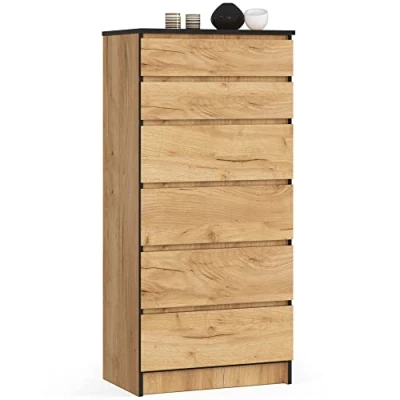 Abbildung von Home Collective Kommode in Eiche mit 6 geräumigen Schubladen, 60 cm breit, 130 hoch Schlafzimmer Flur Wohnzimmer Organizer Schubladen Holz Highboard Sideboard Schrank