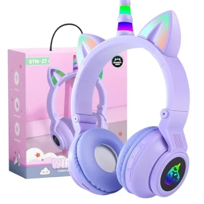 Abbildung von OHAANYY Kabellose Kopfhörer für Kinder,kopfhörer Bluetooth Einhorn faltbar,Mädchen mit Kabel und Mikrofon Kinder LED licht Stereo Handy/Tablet/PC (Purple)
