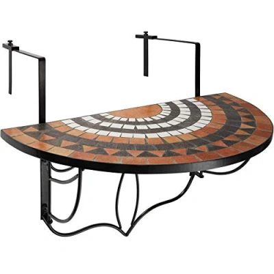 Abbildung von tectake® Balkonhängetisch Mosaik, halbkreisförmiges Design, Balkontisch klappbar, Massive Steinmosaik Tischplatte, mit Metallhaken, Hängetisch für Terrasse und Balkon Terracotta/weiß