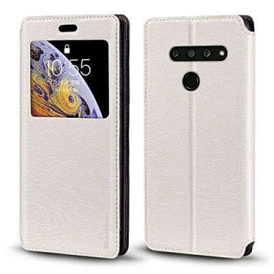 Abbildung von LG V50 ThinQ 5G Hülle, Holzmaserung Leder Hülle mit Kartenhalter und Fenster, Magnetisches Flip Cover für
