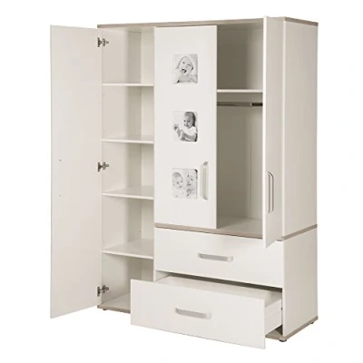 Abbildung von roba Kleiderschrank Babyzimmer &#039;Moritz&#039;, Kinderschrank 3 türig mit Bilderrahmen, weiß, Luna Elm&#039;