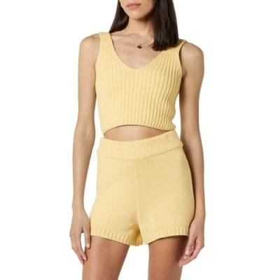 Abbildung von The Drop Damen Sylvie Double V neck Textured Rib Cropped Sweater Tank, Butter, M