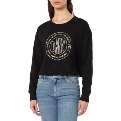 Abbildung von DKNY Women&#039;s Sport Metallic Medallion Logo Cropped Pullover Sweater, Black Gold, Small