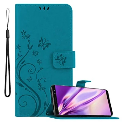 Abbildung von Cadorabo Hülle kompatibel mit Samsung Galaxy Note 8 Blumen Design aus Kunst Leder Flip Klappbare Stoßfeste Magnetische [Standfunktion] [Kartenfächern] Cover für Tasche in Blau