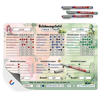 Abbildung von TOBJA Magnettafel A3 Belohnungstafel [Waldtiere] +4 Stifte Kinder magnetisch, Belohnungssystem magnetisch inkl. 4 Bunte Markenstifte