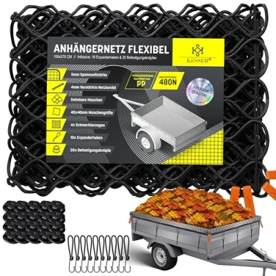 Abbildung von KESSER® Anhängernetz 1,5x2,7m Dehnbar feinmaschig Hängernetz mit Spannseil &amp; Netzkordel für Ladungssicherung elastisches Sicherungs Netz Eckmarkierungen Expander Haken Befestigungsknöpfen Schwarz