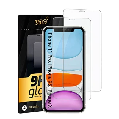 Abbildung von UNO&#039;UNO MAS UNO VENTAS UNO&#039; [2er Pack] Displayschutzfolie für iPhone 11 Pro, XS, X, ultrabeständiges 9H Hartglas, kratzfest, blasenfrei, Anti Fingerabdrücke, hohe Aufnahmefähigkeit, HD