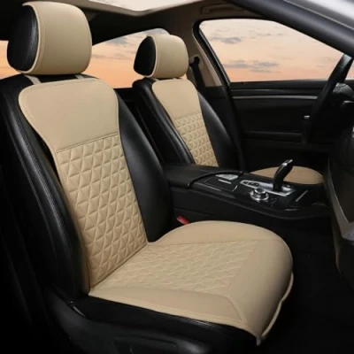 Abbildung von Black Panther 1 Paar Luxus PU Leder Sitzbezüge Auto Vordersitze, kompatibel mit 95% Autos,Keine Sitzheizung, Keine Wärme (Limousine/SUV/Pickup/Van) Beige
