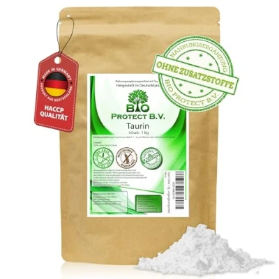 Abbildung von Taurin Pulver 1 Kg 100% vegan und rein ohne Zusatzstoffe! 1000g reines Magnesiumstearat Bio Protect BV Premium Nahrungsergänzungsmittel