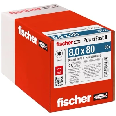 Abbildung von fischer PowerFast II CTP 8,0 x 80, kraftvolle Holzbauschraube mit Senkkopf, Innenstern Aufnahme und Teilgewinde, für den konstruktiven Holzbau, 50 Stk.