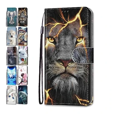 Abbildung von Hülle für Samsung Galaxy A15 5G Leder Tasche Flip Case Mädchen Jungs Muster Design Etui Schutzhülle Cover Handyhülle Löwe
