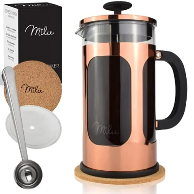 Abbildung von Milu French Press Kaffeebereiter 350ml, 600ml, 1L Glas Kaffeepresse, Kaffeezubereiter für Zuhause Reisen Camping inkl. Untersetzer, Löffel, Ersatzfilter (Rose, 1000ml (5 Tassen)