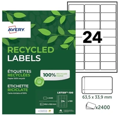 Abbildung von Avery LR7651 100 Klebeetiketten, 63,5 x 33,9 mm, aus zu 100% recycelten Materialien