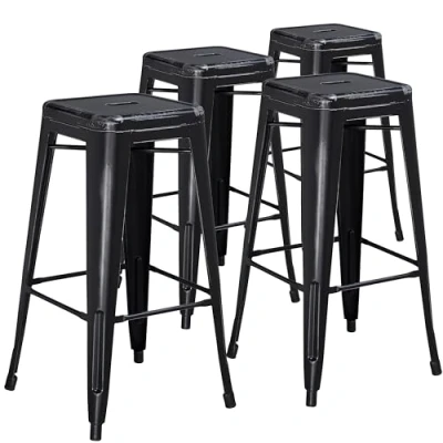 Abbildung von Flash Furniture Barhocker, kommerzielle Qualität, 76 cm hoch, ohne Rückenlehne, Metall mit Distressed Optik, für Innen und Außenbereich, Eisen, Kunststoff, schwarz, 4 Stück