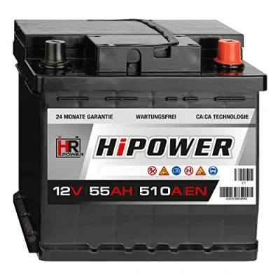 Abbildung von HR HiPower Autobatterie 12V 55Ah 510A/EN Starterbatterie ersetzt 44Ah 45Ah 46Ah 50Ah 60Ah 62Ah