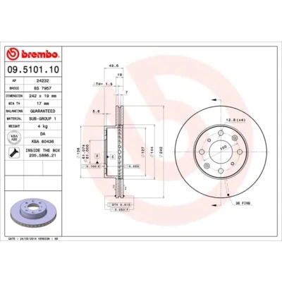 Abbildung von BREMBO 09.5101.10 Bremsscheibe 242 19 4 innenbelüftet mit Schrauben HONDA: PRELUDE 3