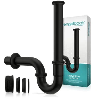 Abbildung von Engelbach® Siphon Waschbecken extra lang 200mm Abflussrohr, Röhrensiphon schwarz 1 1/4&quot; inkl. Gummimanschette Universal Syphon, Sifon für Badezimmer mit Montage Video