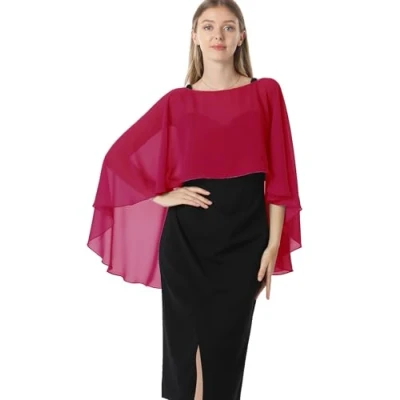 Abbildung von Hotshawl Capelets für Damen, Chiffon Umhang, Schals und Wickeltuch, Abendkleid, Hochzeitsumhänge, Dunkelrot, Einheitsgröße