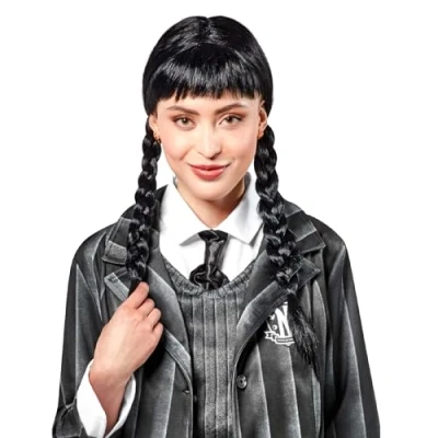 Abbildung von Rubies Wednesday Perücke für Damen, mit Zöpfen und Pony, offizielle Mittwoch Addams, Halloween, Karneval, Cosplay Halloween