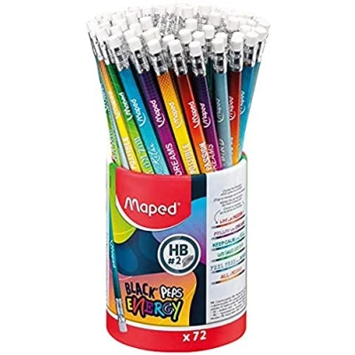 Abbildung von Maped 72 Graphit Bleistifte Black&#039;Peps Energy HB Radiergummi mit inspirierenden Botschaften Set Bleistiften