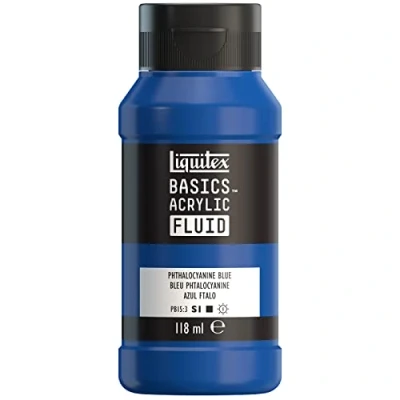 Abbildung von Liquitex 8870398 Basics Fluid Acrylfarbe mit fließender Konsiszenz, schnell trocknend, lichtecht, wasserfest, auf Wasserbasis, 118ml Flasche Phthalozyaninblau