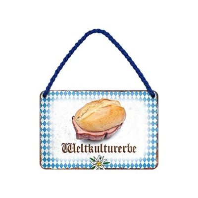 Abbildung von Weltkulturerbe Leberkässemmel Blechschild Metallschild mit Kordel und Saugnapf Schild für Feinschmecker Genießer Gourmets Deko Küche Lokal Restaurant Wirtshaus Gasthof 18x12cm