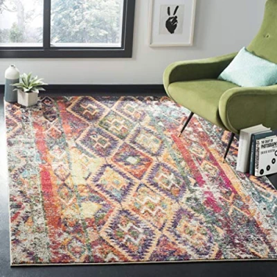 Abbildung von Safavieh Boho Teppich für Wohnzimmer, Esszimmer, Schlafzimmer Monaco Collection, Kurzer Flor, Lila und Orange, 200 x 600 cm