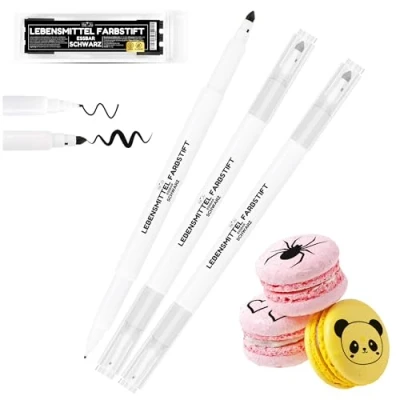Abbildung von He Ju Lebensmittelstift schwarz essbar 3er Set mit zweifacher Spitzenausführung vegan, glutenfrei, Lebensmittelfarbe zum Malen und Schreiben auf Torten &amp; Co. (3 Stück)