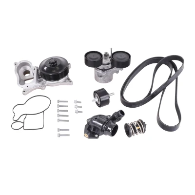 Abbildung von VAICO V20 50102 BEK Wasserpumpe + Zahnriemensatz mit Spannarm, Spannrolle, Dichtungen, Schrauben, Riemen, Thermostat