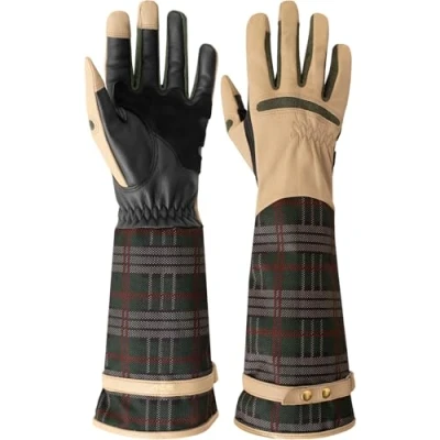 Abbildung von ACE Garden Glam Garten Handschuh für Frauen lange Damen Handschuhe aus Ziegen Leder gegen Rosen Dornen &amp; Stacheln M, Karo