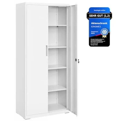 Abbildung von SONGMICS Aktenschrank, Mehrzweckschrank, Stahl Aufbewahrungsschrank, 5 Ebenen, Doppeltüren, Schloss, Werkzeugschrank, verstellbare Ablagen, Garage, Büro, Wohnzimmer, weiß OMC015W01